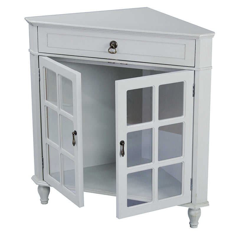 31" X 17" X 32" Light Sage MDF  Wood  Clear Glass Corner Cabinet with a Drawer and  Doors