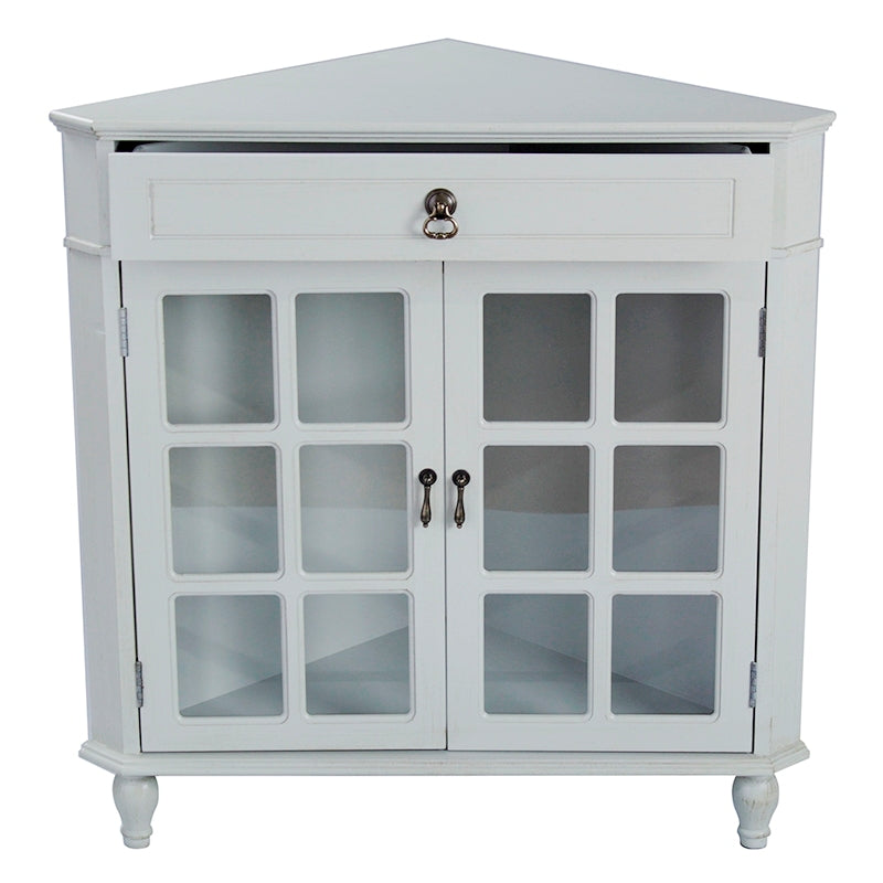 31" X 17" X 32" Light Sage MDF  Wood  Clear Glass Corner Cabinet with a Drawer and  Doors
