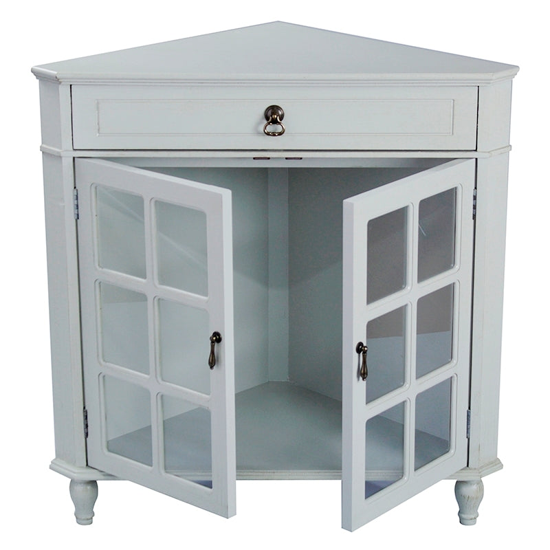 31" X 17" X 32" Light Sage MDF  Wood  Clear Glass Corner Cabinet with a Drawer and  Doors
