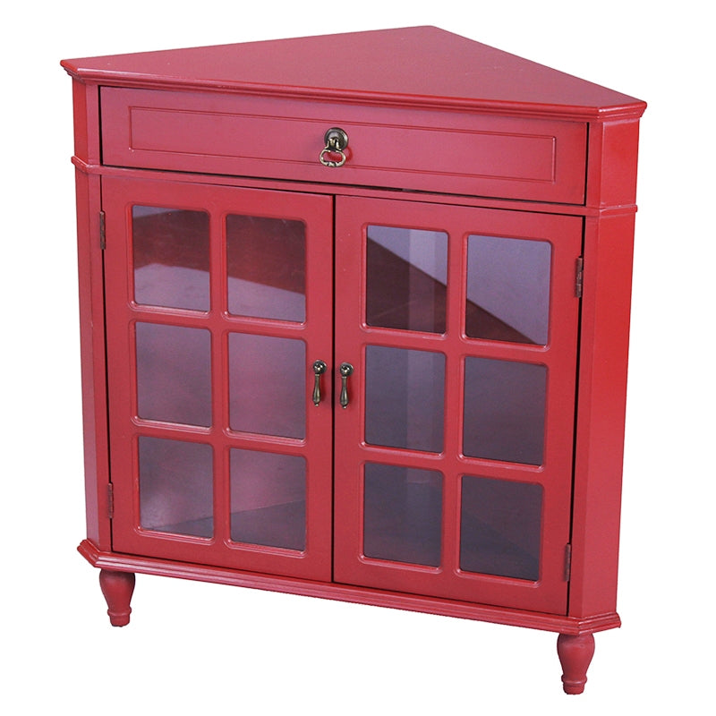 31" X 17" X 32" Red MDF  Wood  Clear Glass Corner Cabinet with a Drawer Doors and Paned Inserts