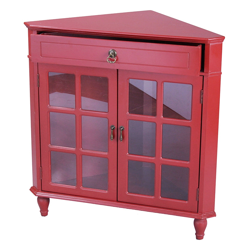 31" X 17" X 32" Red MDF  Wood  Clear Glass Corner Cabinet with a Drawer Doors and Paned Inserts