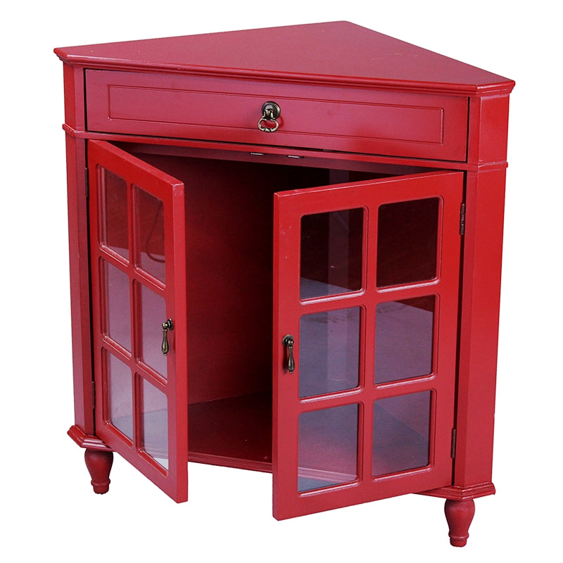 31" X 17" X 32" Red MDF  Wood  Clear Glass Corner Cabinet with a Drawer Doors and Paned Inserts