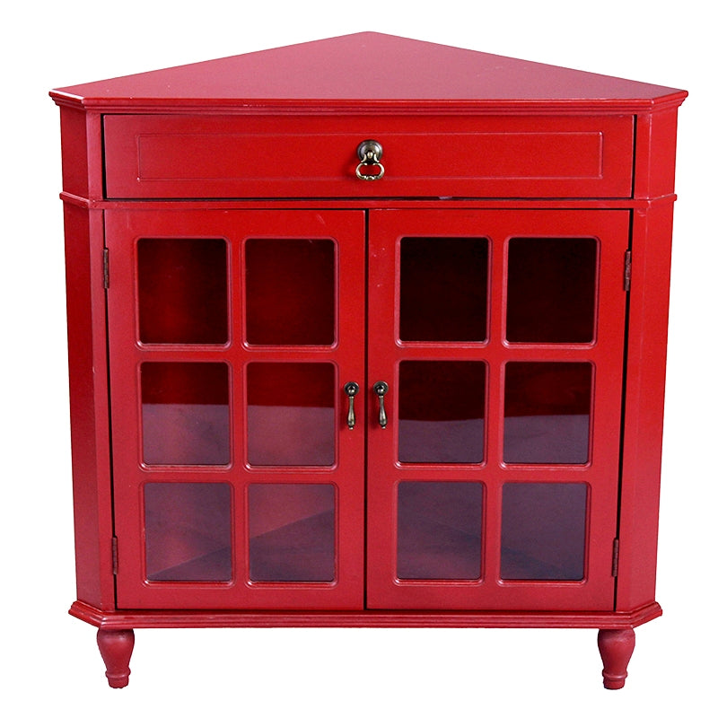 31" X 17" X 32" Red MDF  Wood  Clear Glass Corner Cabinet with a Drawer Doors and Paned Inserts