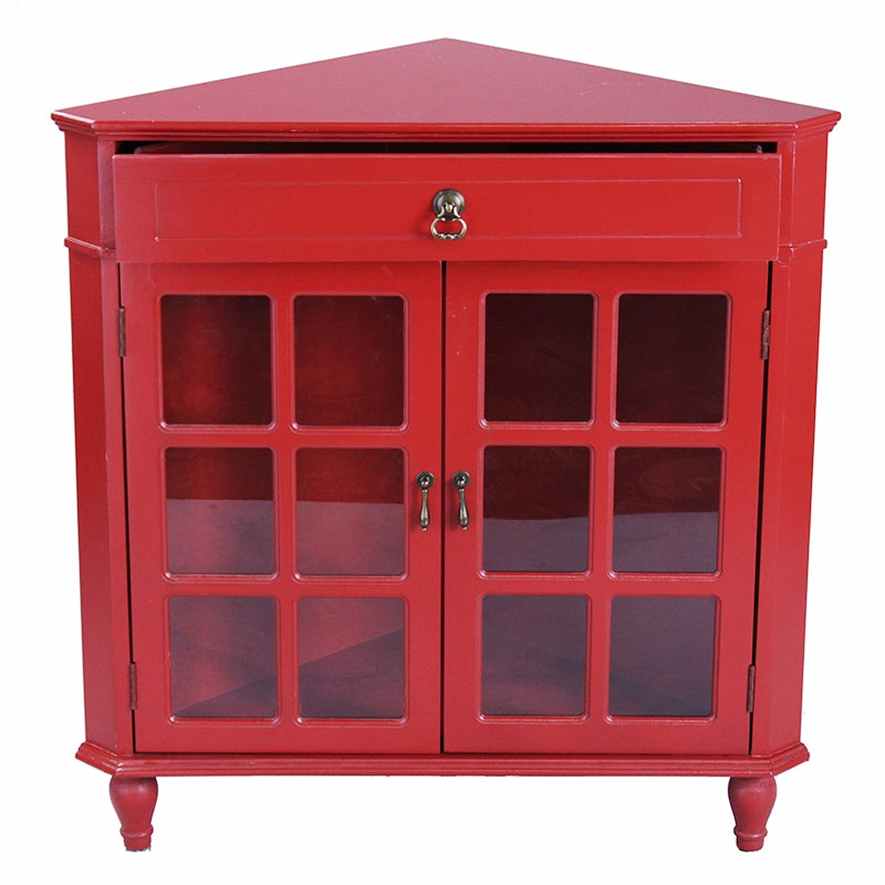 31" X 17" X 32" Red MDF  Wood  Clear Glass Corner Cabinet with a Drawer Doors and Paned Inserts