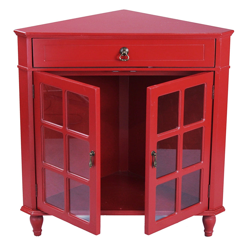 31" X 17" X 32" Red MDF  Wood  Clear Glass Corner Cabinet with a Drawer Doors and Paned Inserts