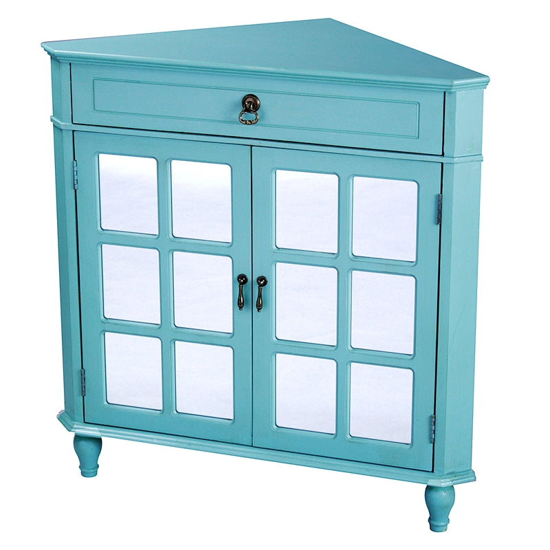 31" X 17" X 32" Turquoise MDF  Wood  Mirrored Glass Corner Cabinet with a Drawer and  Doors