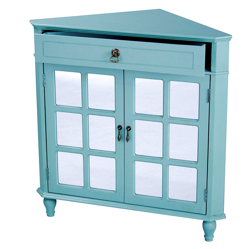 31" X 17" X 32" Turquoise MDF  Wood  Mirrored Glass Corner Cabinet with a Drawer and  Doors