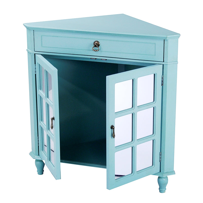 31" X 17" X 32" Turquoise MDF  Wood  Mirrored Glass Corner Cabinet with a Drawer and  Doors