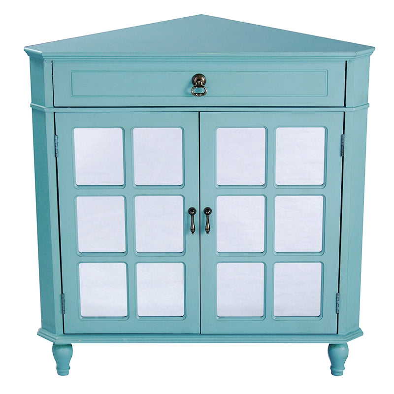 31" X 17" X 32" Turquoise MDF  Wood  Mirrored Glass Corner Cabinet with a Drawer and  Doors