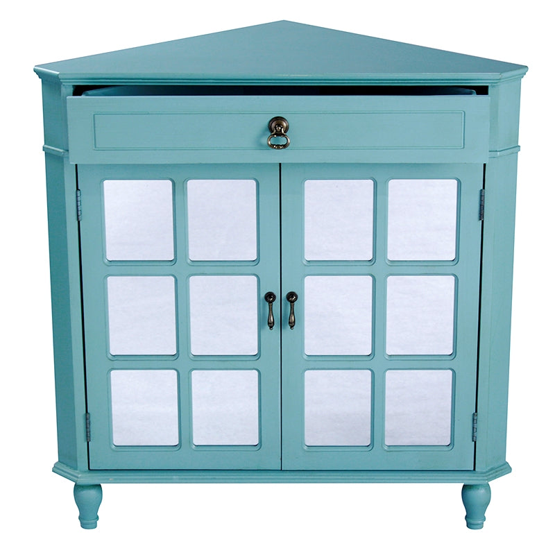 31" X 17" X 32" Turquoise MDF  Wood  Mirrored Glass Corner Cabinet with a Drawer and  Doors