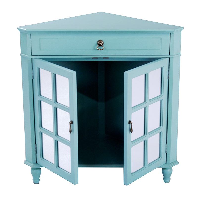 31" X 17" X 32" Turquoise MDF  Wood  Mirrored Glass Corner Cabinet with a Drawer and  Doors