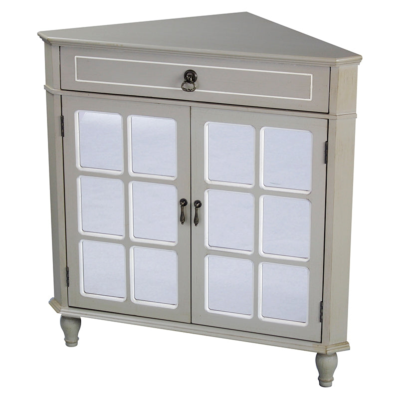 31" X 17" X 32" Taupe MDF  Wood  Mirrored Glass Corner Cabinet with a Drawer and  Doors