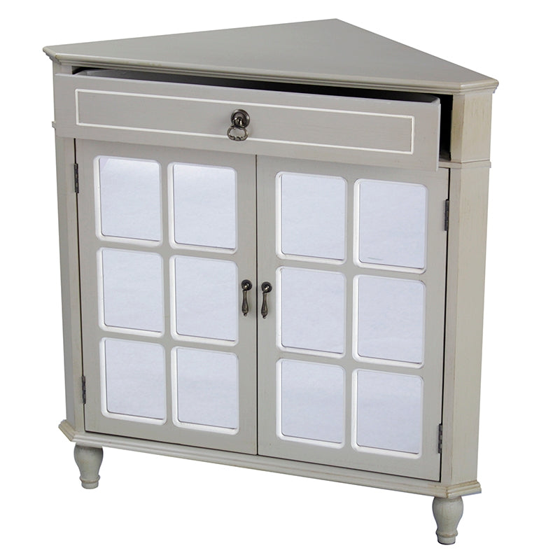 31" X 17" X 32" Taupe MDF  Wood  Mirrored Glass Corner Cabinet with a Drawer and  Doors