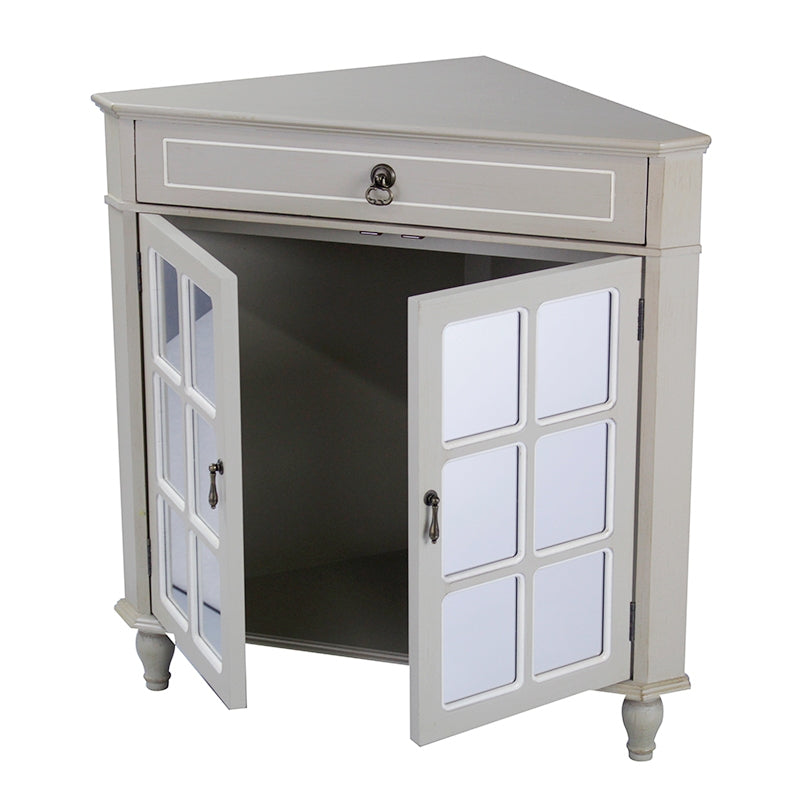 31" X 17" X 32" Taupe MDF  Wood  Mirrored Glass Corner Cabinet with a Drawer and  Doors