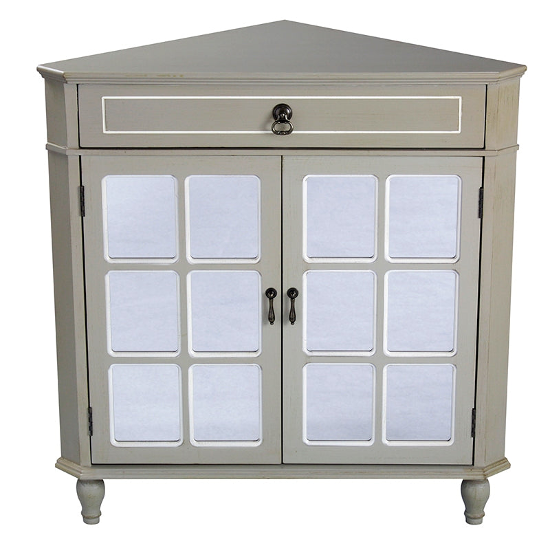 31" X 17" X 32" Taupe MDF  Wood  Mirrored Glass Corner Cabinet with a Drawer and  Doors