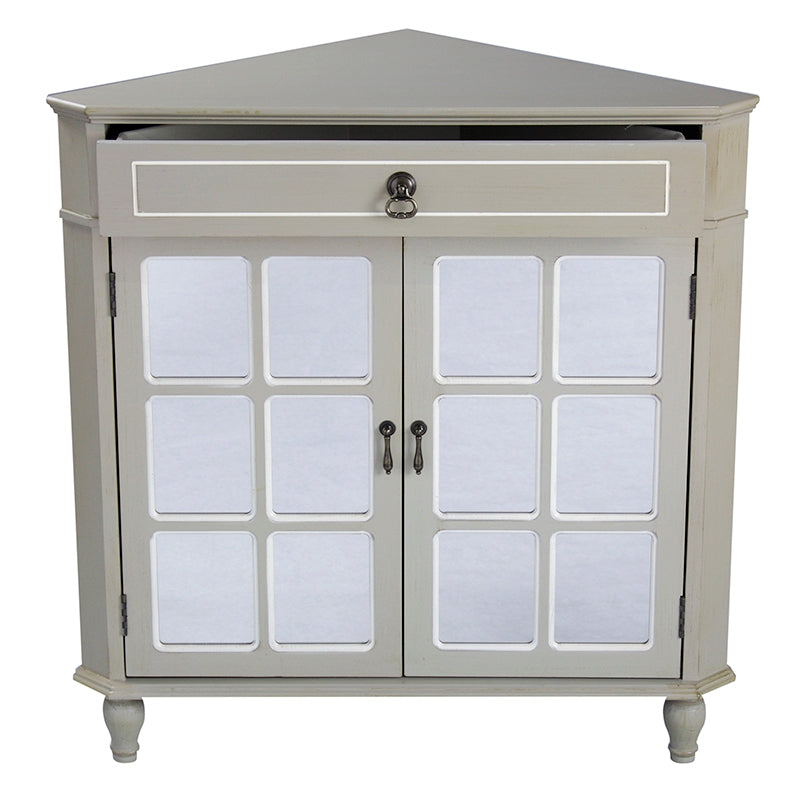 31" X 17" X 32" Taupe MDF  Wood  Mirrored Glass Corner Cabinet with a Drawer and  Doors