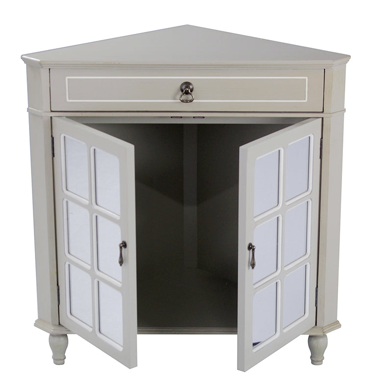 31" X 17" X 32" Taupe MDF  Wood  Mirrored Glass Corner Cabinet with a Drawer and  Doors