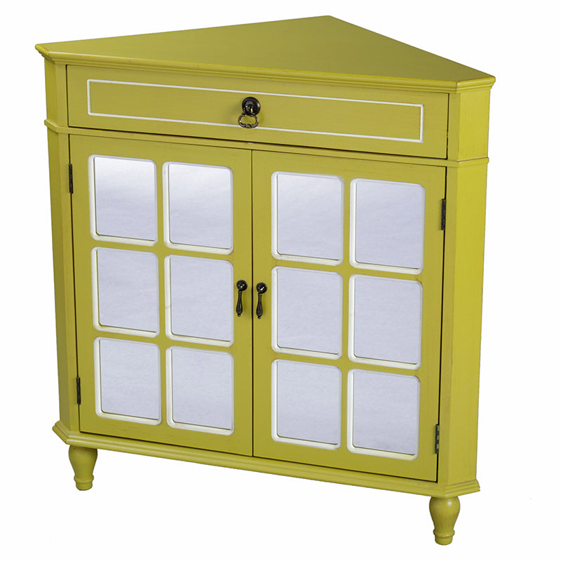 31" X 17" X 32" Yellow MDF  Wood  Mirrored Glass Corner Cabinet with a Drawer and  Doors