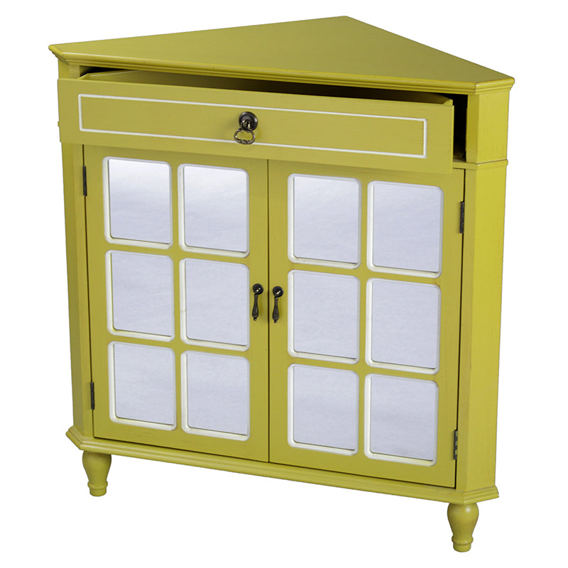 31" X 17" X 32" Yellow MDF  Wood  Mirrored Glass Corner Cabinet with a Drawer and  Doors
