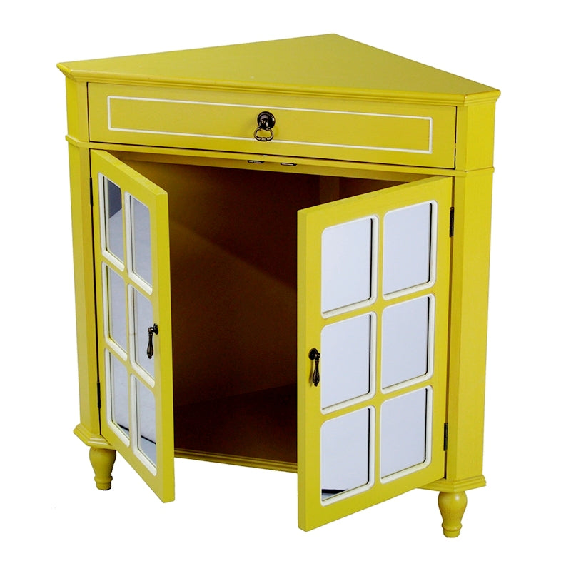 31" X 17" X 32" Yellow MDF  Wood  Mirrored Glass Corner Cabinet with a Drawer and  Doors