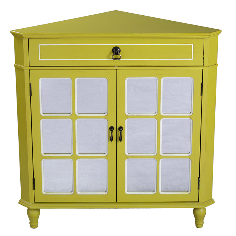 31" X 17" X 32" Yellow MDF  Wood  Mirrored Glass Corner Cabinet with a Drawer and  Doors