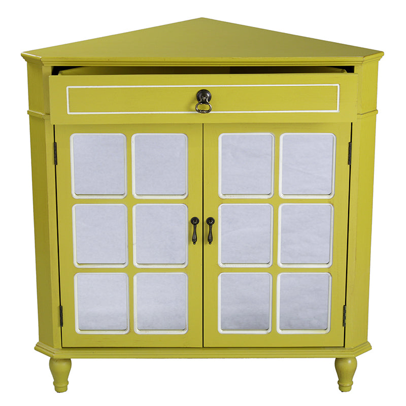 31" X 17" X 32" Yellow MDF  Wood  Mirrored Glass Corner Cabinet with a Drawer and  Doors