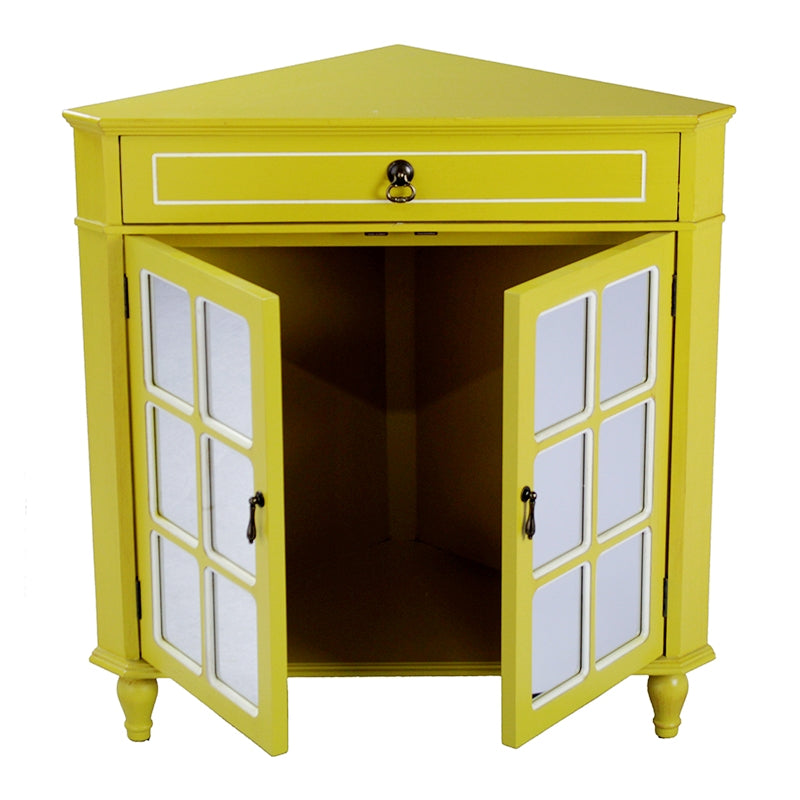 31" X 17" X 32" Yellow MDF  Wood  Mirrored Glass Corner Cabinet with a Drawer and  Doors