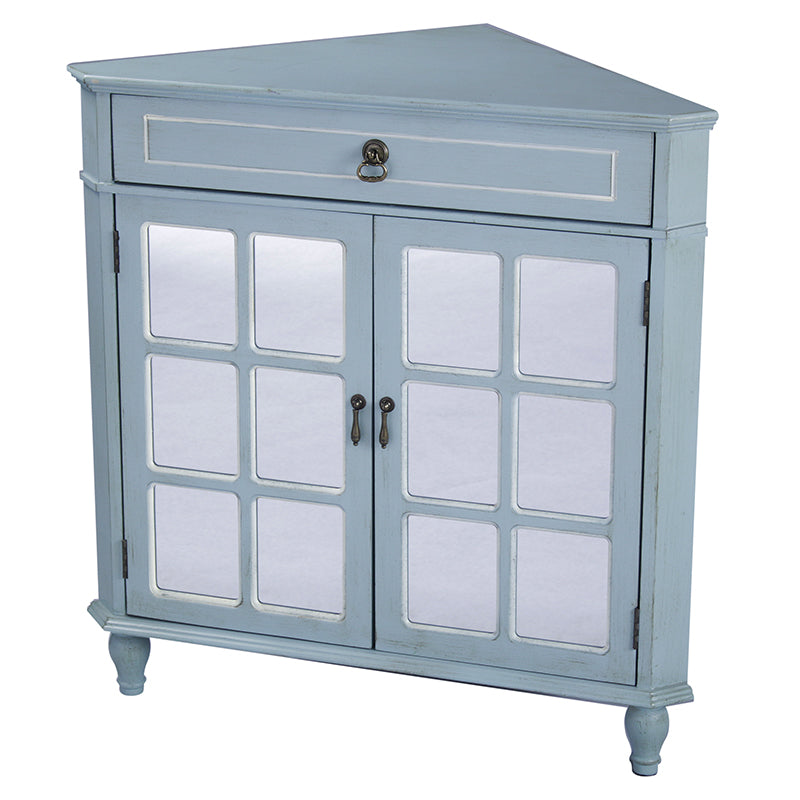 31" X 17" X 32" Light Blue MDF  Wood  Mirrored Glass Corner Cabinet with a Drawer and  Doors