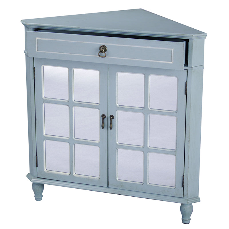 31" X 17" X 32" Light Blue MDF  Wood  Mirrored Glass Corner Cabinet with a Drawer and  Doors