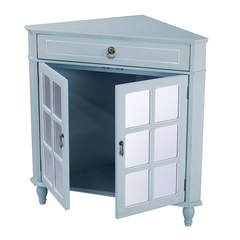 31" X 17" X 32" Light Blue MDF  Wood  Mirrored Glass Corner Cabinet with a Drawer and  Doors