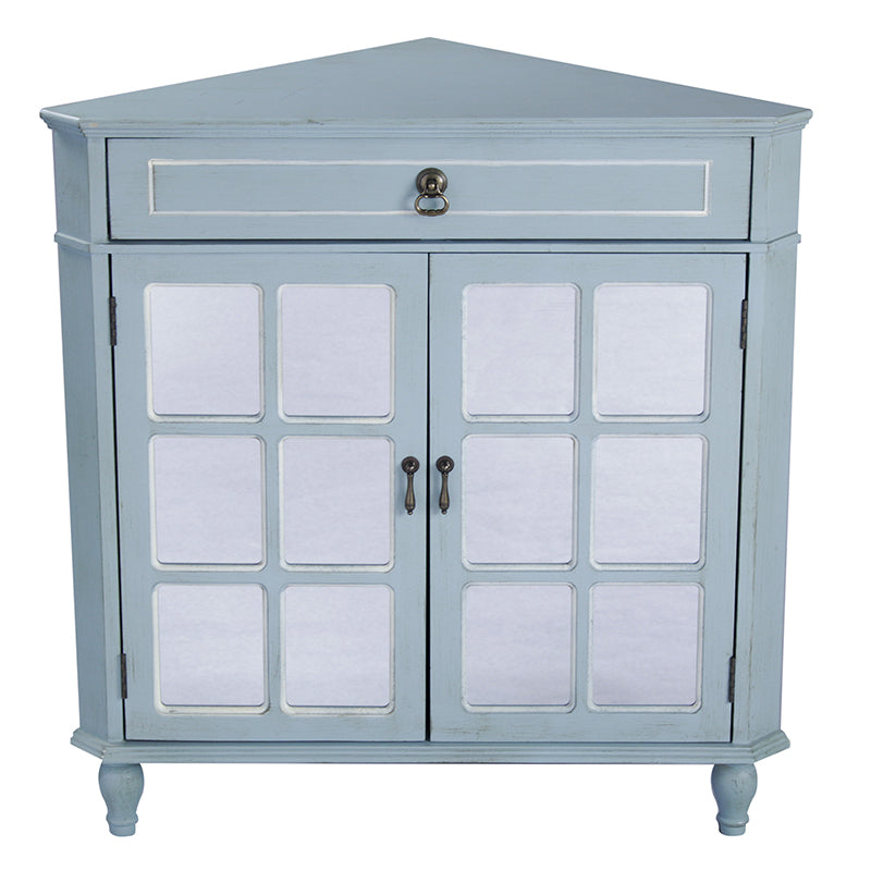 31" X 17" X 32" Light Blue MDF  Wood  Mirrored Glass Corner Cabinet with a Drawer and  Doors