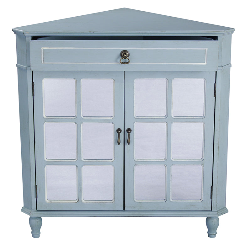 31" X 17" X 32" Light Blue MDF  Wood  Mirrored Glass Corner Cabinet with a Drawer and  Doors