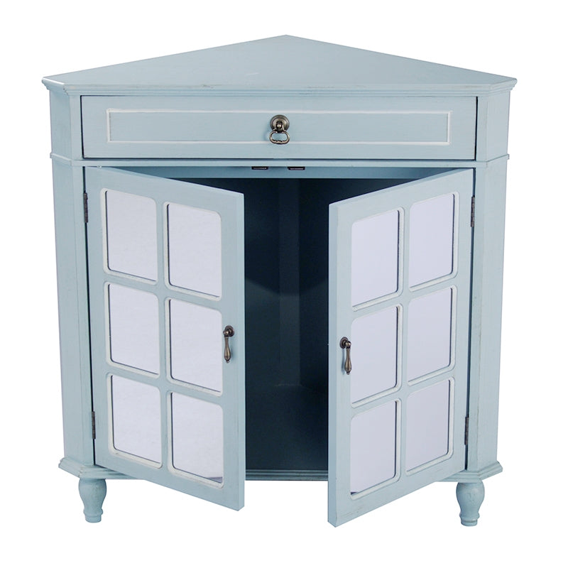 31" X 17" X 32" Light Blue MDF  Wood  Mirrored Glass Corner Cabinet with a Drawer and  Doors