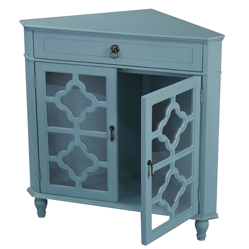 31" X 17" X 32" Turquoise MDF  Wood  Clear Glass Corner Cabinet with a Drawer and  Doors