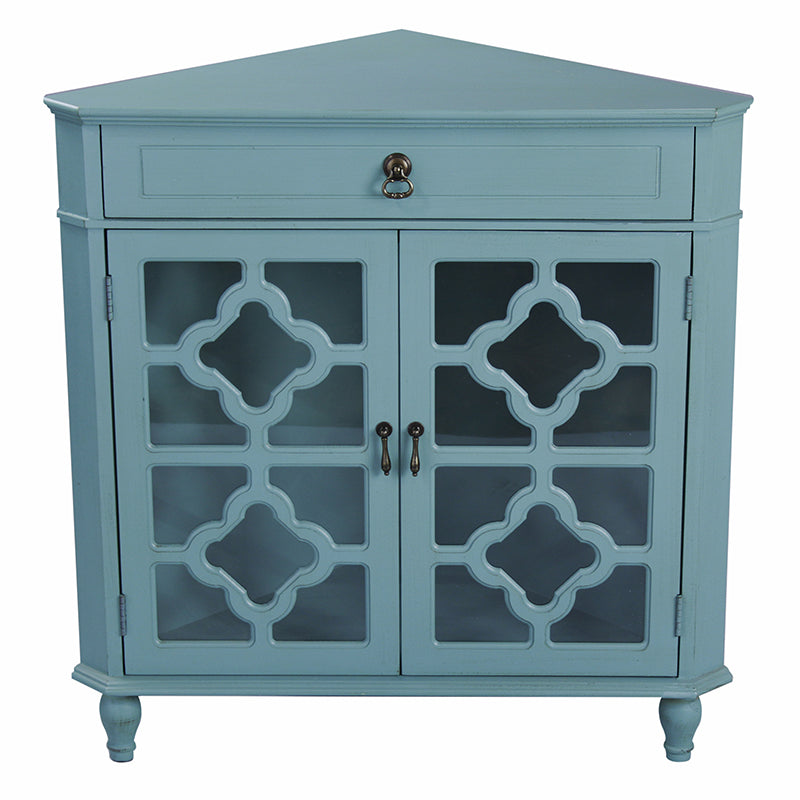 31" X 17" X 32" Turquoise MDF  Wood  Clear Glass Corner Cabinet with a Drawer and  Doors