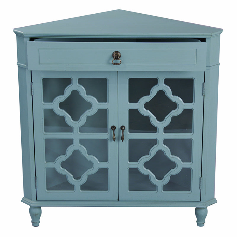 31" X 17" X 32" Turquoise MDF  Wood  Clear Glass Corner Cabinet with a Drawer and  Doors