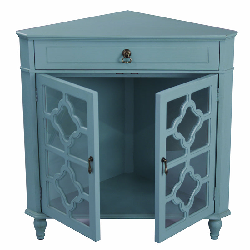 31" X 17" X 32" Turquoise MDF  Wood  Clear Glass Corner Cabinet with a Drawer and  Doors