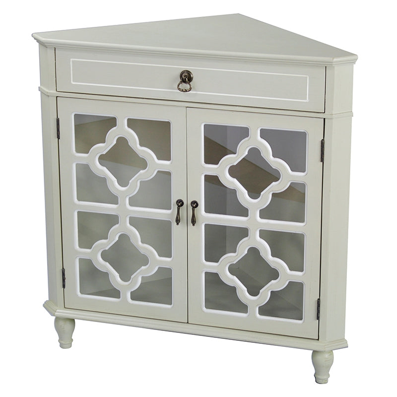 31" X 17" X 32" Beige MDF  Wood  Clear Glass Corner Cabinet with a Drawer and  Doors