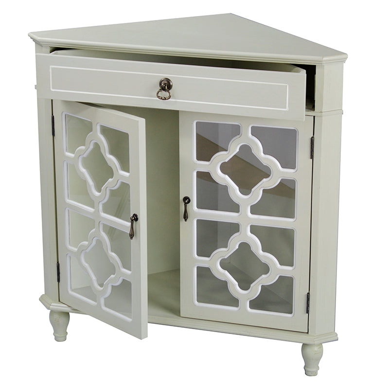 31" X 17" X 32" Beige MDF  Wood  Clear Glass Corner Cabinet with a Drawer and  Doors