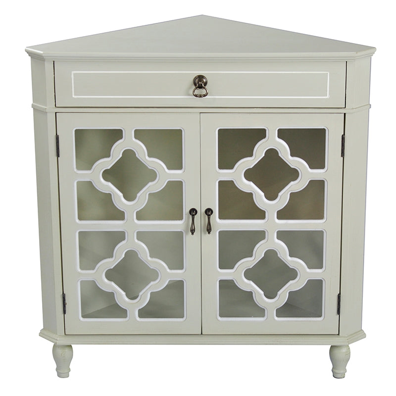 31" X 17" X 32" Beige MDF  Wood  Clear Glass Corner Cabinet with a Drawer and  Doors