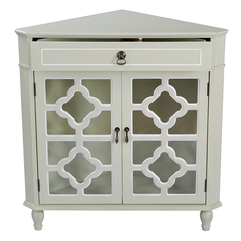 31" X 17" X 32" Beige MDF  Wood  Clear Glass Corner Cabinet with a Drawer and  Doors