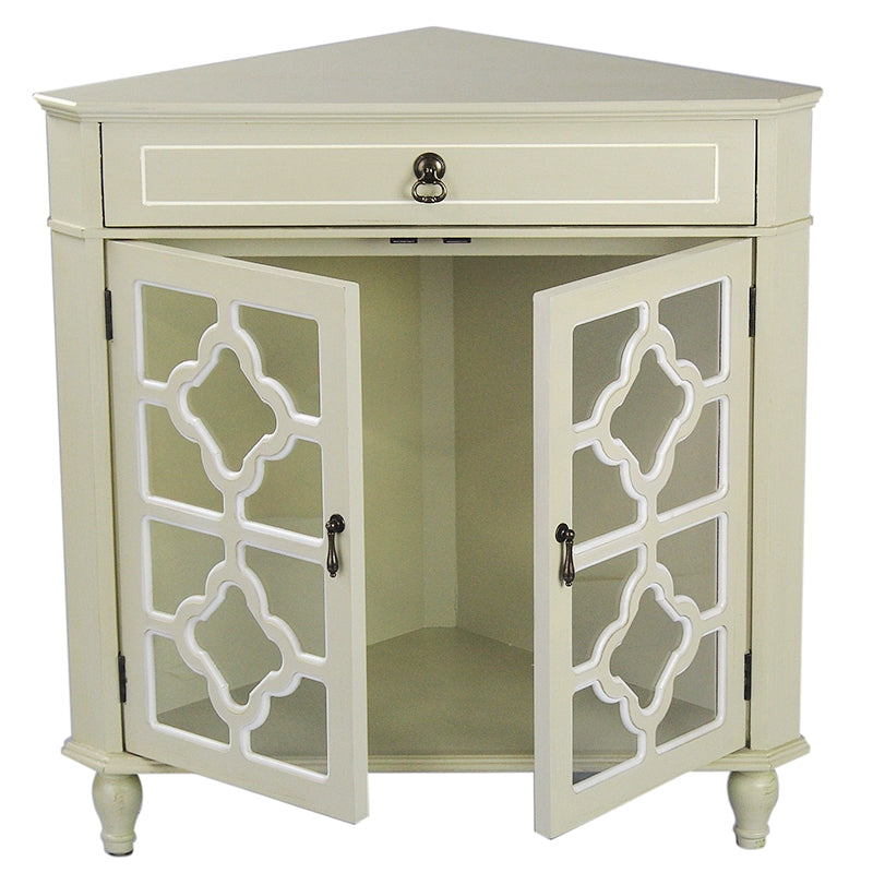 31" X 17" X 32" Beige MDF  Wood  Clear Glass Corner Cabinet with a Drawer and  Doors