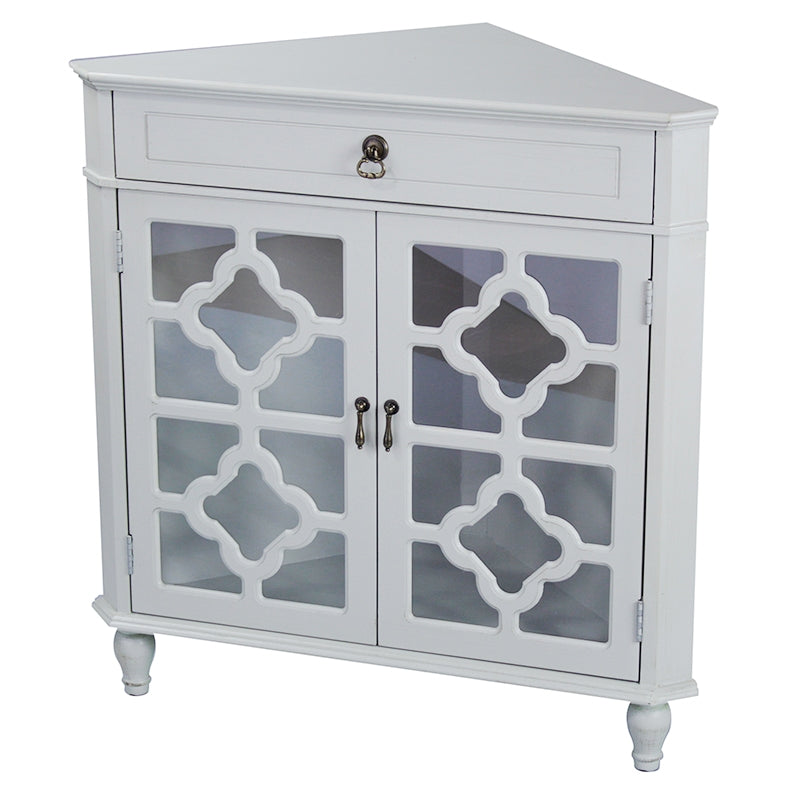 31" X 17" X 32" Light Sage MDF  Wood  Clear Glass Corner Cabinet with a Drawer and  Doors