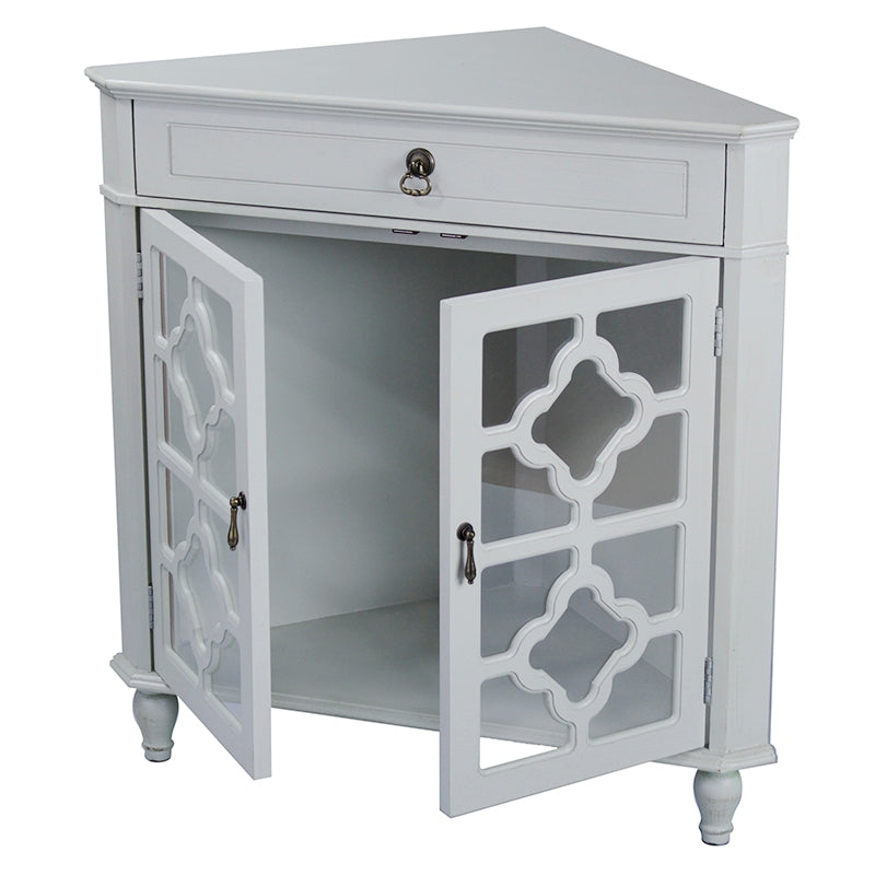 31" X 17" X 32" Light Sage MDF  Wood  Clear Glass Corner Cabinet with a Drawer and  Doors