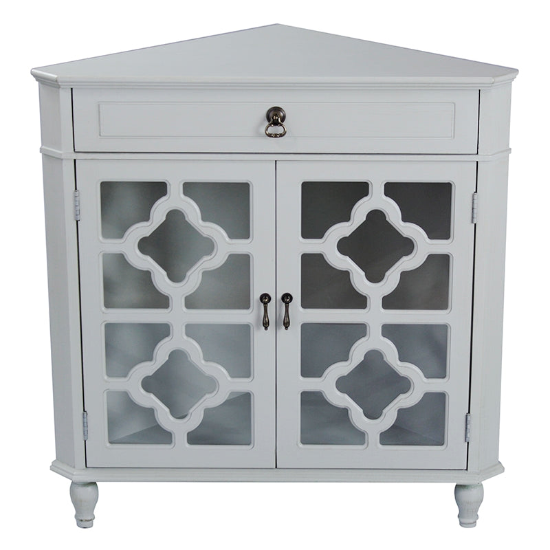 31" X 17" X 32" Light Sage MDF  Wood  Clear Glass Corner Cabinet with a Drawer and  Doors