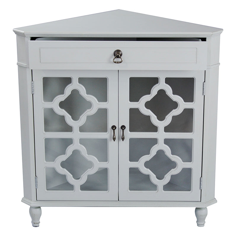 31" X 17" X 32" Light Sage MDF  Wood  Clear Glass Corner Cabinet with a Drawer and  Doors