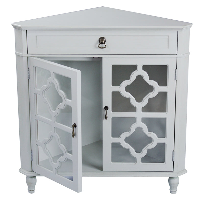 31" X 17" X 32" Light Sage MDF  Wood  Clear Glass Corner Cabinet with a Drawer and  Doors