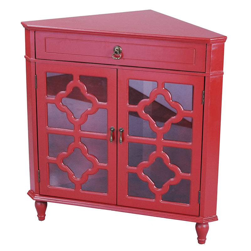 Red MDF Wood Clear Glass Corner Cabinet with a Drawer and  Doors
