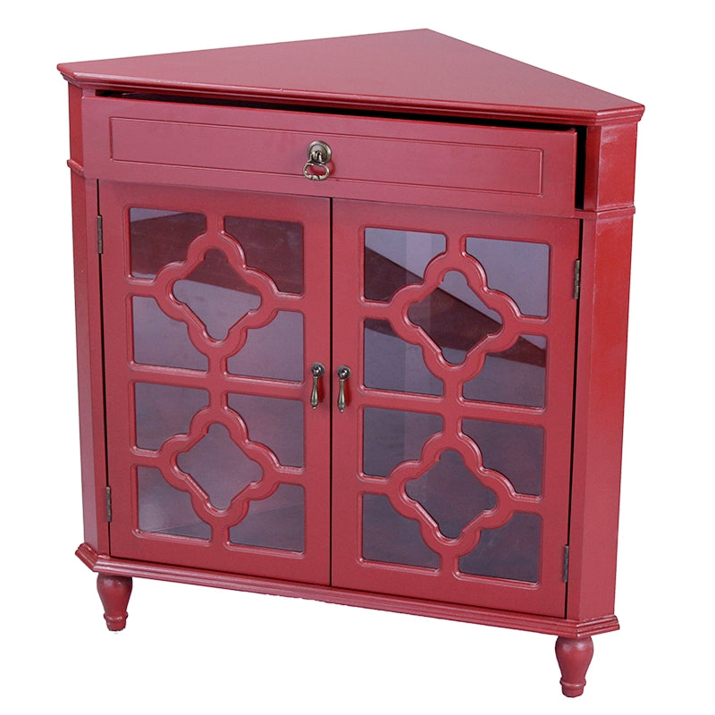 Red MDF Wood Clear Glass Corner Cabinet with a Drawer and  Doors