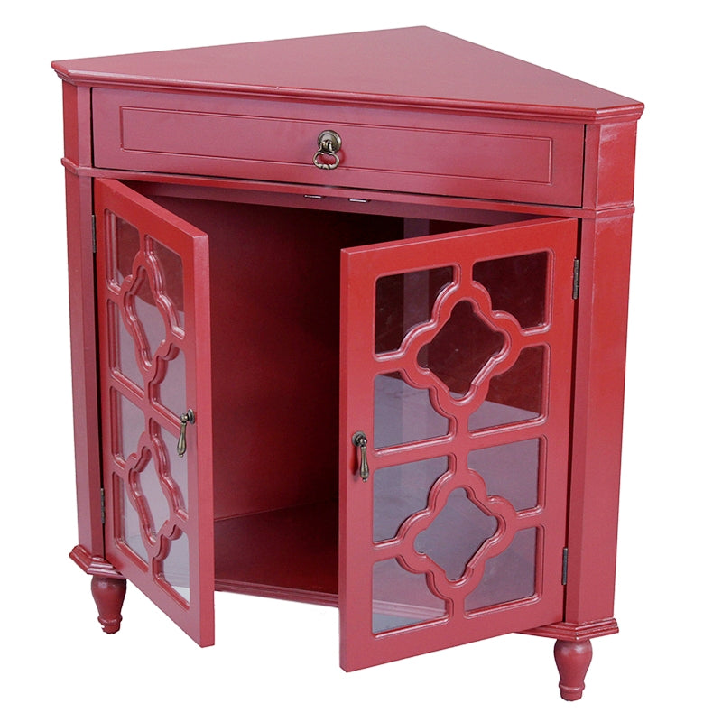 Red MDF Wood Clear Glass Corner Cabinet with a Drawer and  Doors
